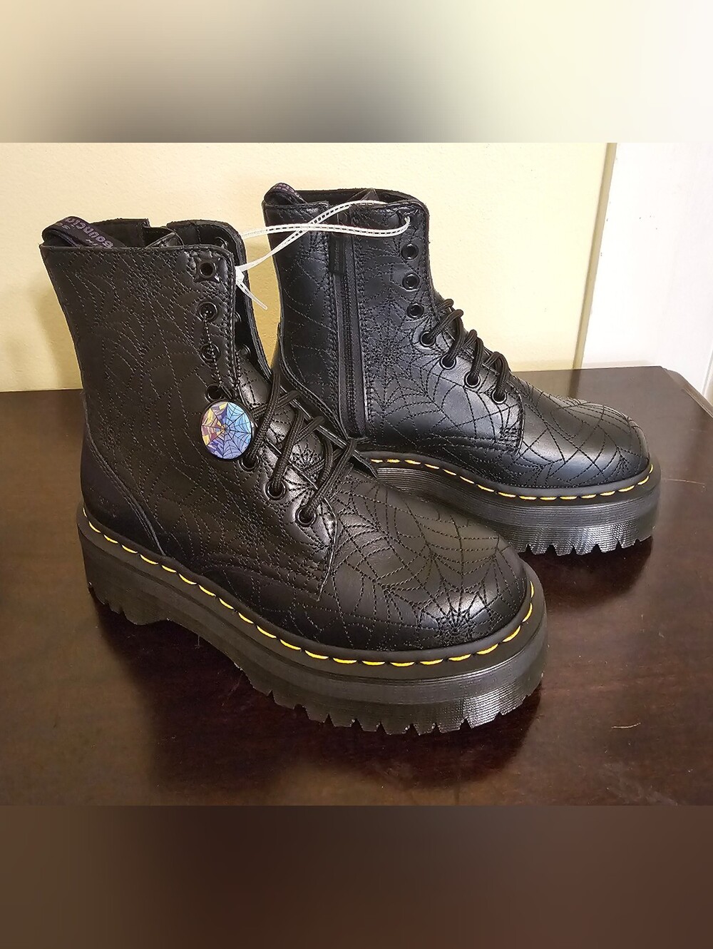 Dr Doc Martens Wednesday Jadon 8 Eye Lace Up Boots Black Spiderweb Women US 6